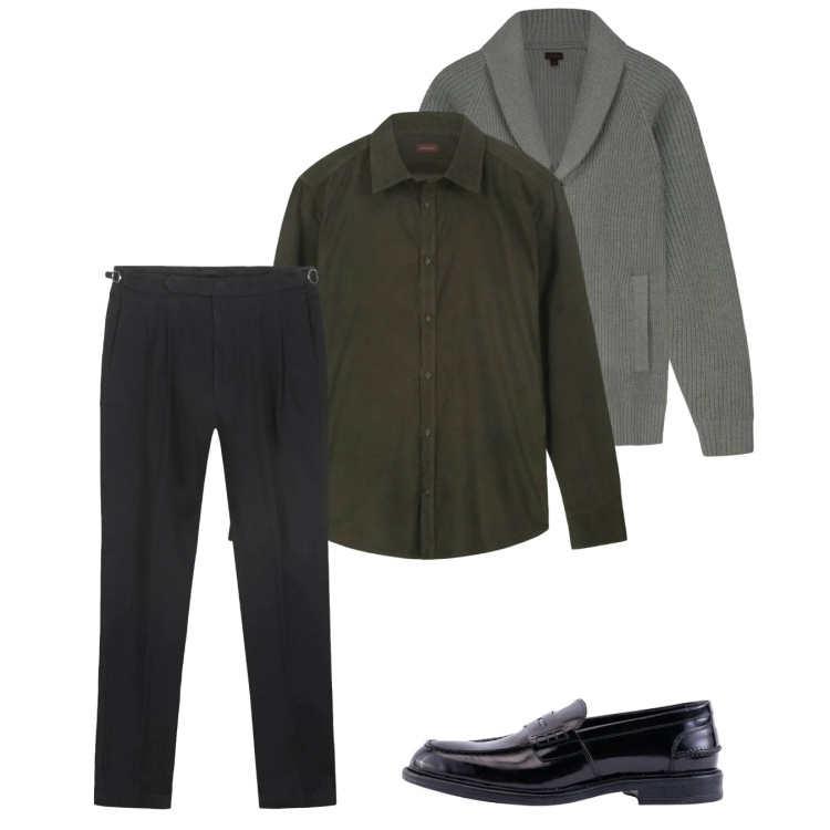 Outfit uomo - Gennaio. Stile Casual per Tutti i giorni. Abbinamento con scarpe stringate, camicie, pantaloni, cardigans.
