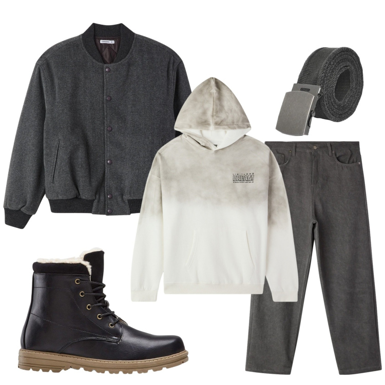 Outfit uomo - Total look #2314770. Stile Casual per Tutti i giorni. Abbinamento con stivali e stivaletti, cinture, felpe con cappuccio, bomber, pantaloni.