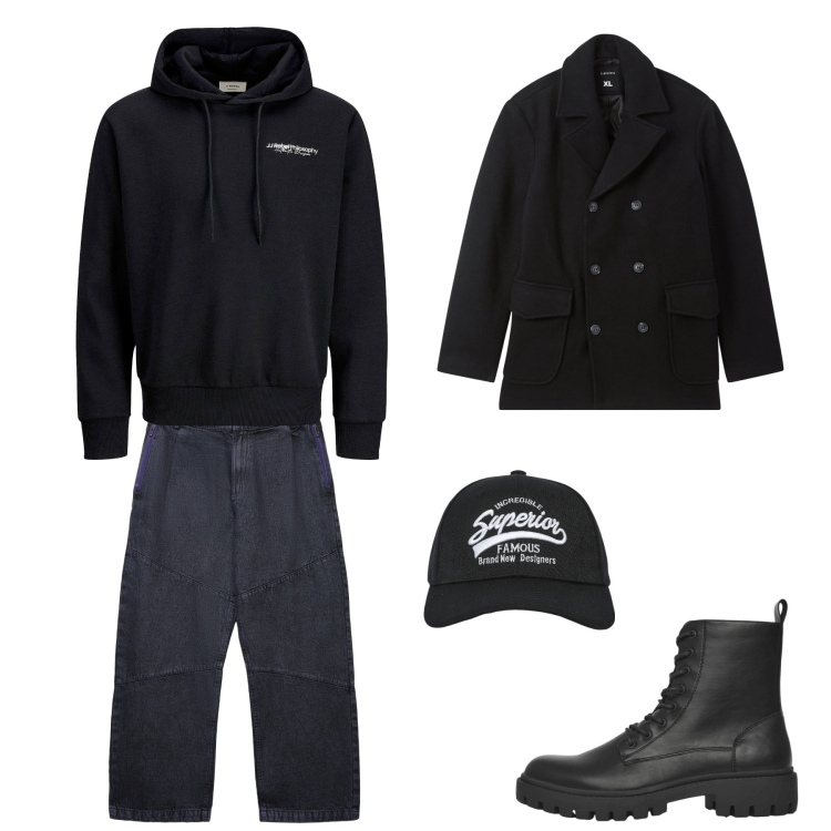 Outfit uomo - Black. Stile Casual per Tutti i giorni. Abbinamento con felpe con cappuccio, cappelli con visiera, anfibi, caban, jeans dritti.