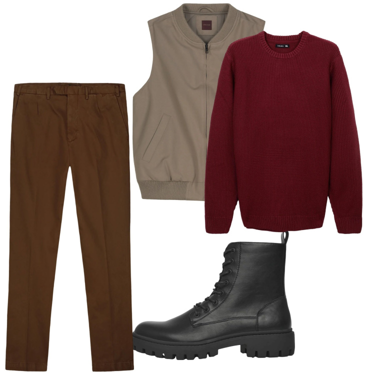 Outfit uomo - Gennaio. Stile Casual per Tutti i giorni. Abbinamento con anfibi, maglieria, pantaloni, piumini.