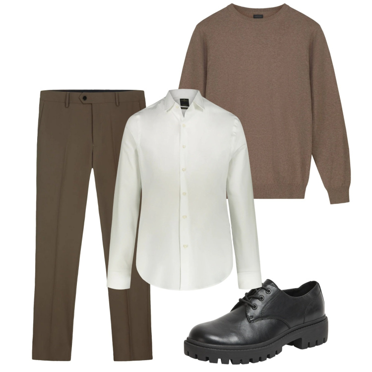 Outfit uomo - Gennaio. Stile Casual per Tutti i giorni. Abbinamento con scarpe stringate, camicie, maglieria, pantaloni.