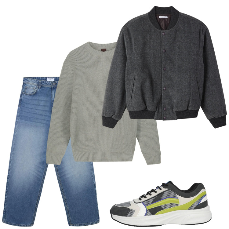 Outfit uomo - Gennaio. Stile Casual per Tutti i giorni. Abbinamento con jeans, sneakers, bomber, maglieria.