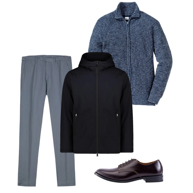 Outfit uomo - Gennaio. Stile Casual per Tutti i giorni. Abbinamento con cardigans, pantaloni, scarpe stringate, parka.