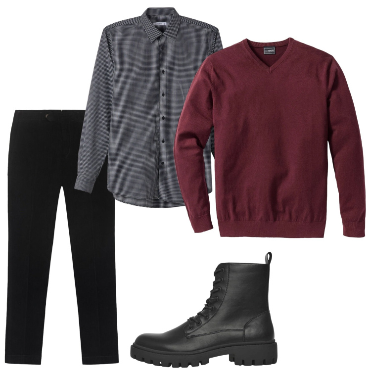 Outfit uomo - Gennaio. Stile Casual per Tutti i giorni. Abbinamento con maglieria, anfibi, camicie, pantaloni.