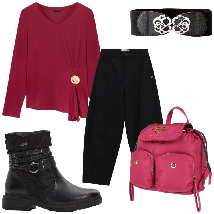 Outfit donna - Un nuovo anno, un nuovo stile: maglione r. Stile Trendy per Tutti i giorni. Abbinamento con cinture, stivaletti, zaini, pantaloni a palazzo, t-shirt.