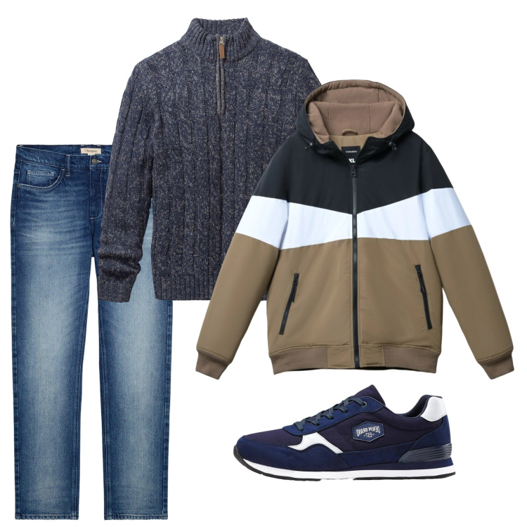 Outfit uomo - Gennaio. Stile Casual per Tutti i giorni. Abbinamento con maglieria, sneakers, jeans dritti, piumini.
