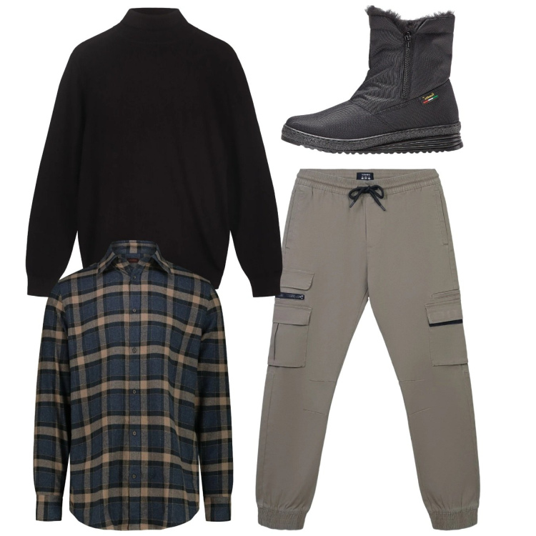 Outfit uomo - Total look. Stile Casual per Tutti i giorni. Abbinamento con stivali e stivaletti, pantaloni cargo, maglieria, camicie.