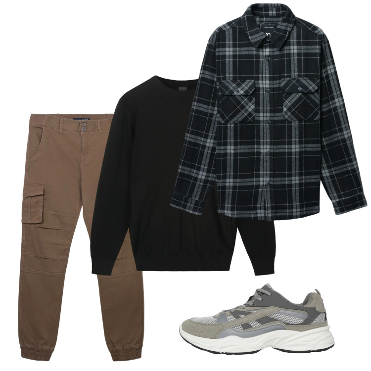 Outfit uomo - Gennaio. Stile Casual per Tutti i giorni. Abbinamento con sneakers, pantaloni cargo, cappotti, maglieria.