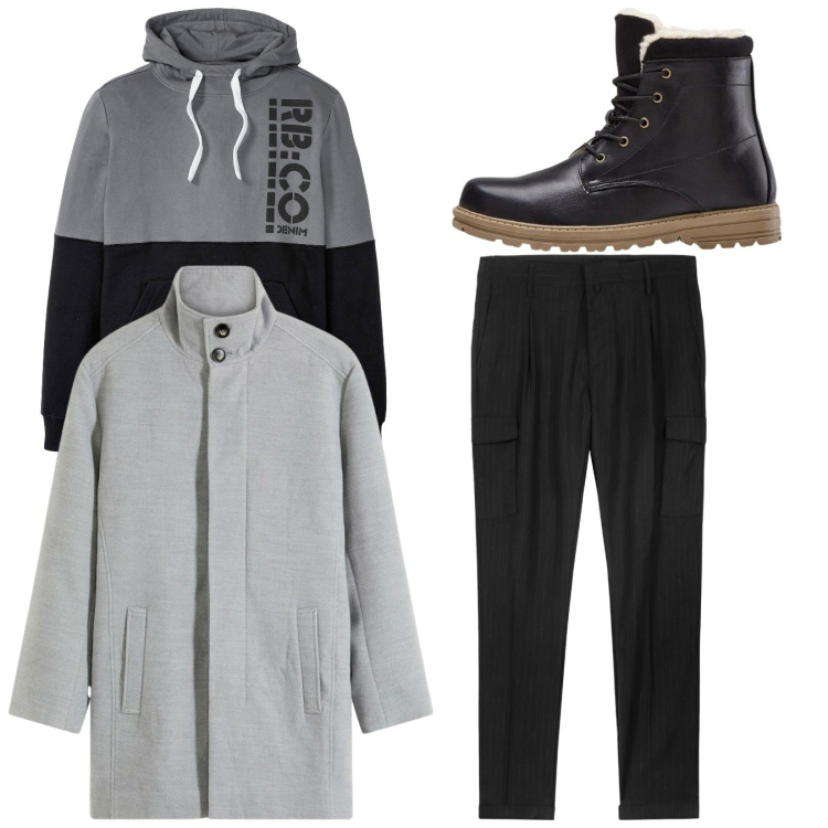 Outfit uomo - Total look. Stile Casual per Tutti i giorni. Abbinamento con felpe con cappuccio, stivali e stivaletti, cappotti, pantaloni cargo.