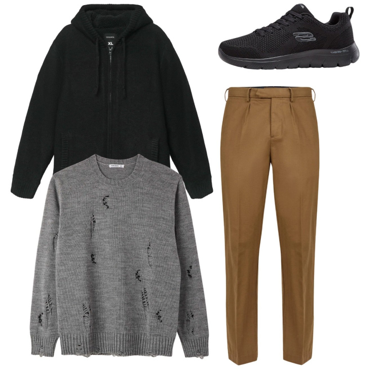 Outfit uomo - Total look. Stile Casual per Tutti i giorni. Abbinamento con sneakers, felpe con cappuccio, maglieria, pantaloni.