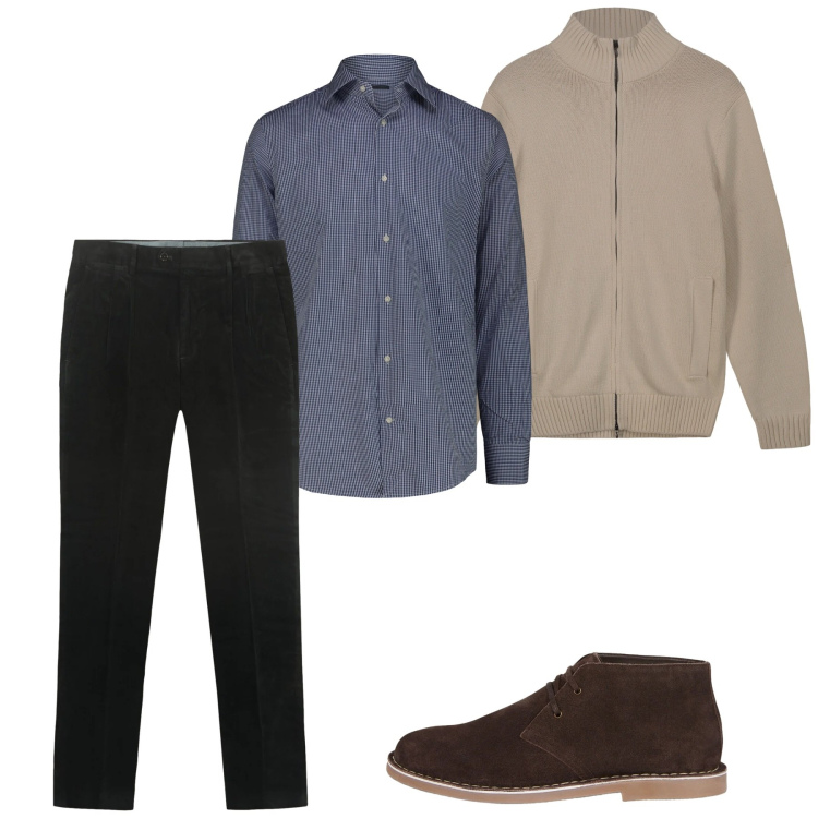 Outfit uomo - Gennaio. Stile Casual per Tutti i giorni. Abbinamento con stivali e stivaletti, camicie, pantaloni, cardigans.