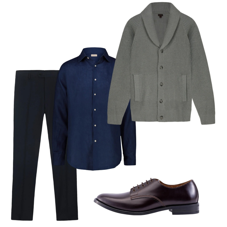 Outfit uomo - Gennaio. Stile Casual per Ufficio. Abbinamento con pantaloni, camicie, scarpe stringate, cardigans.