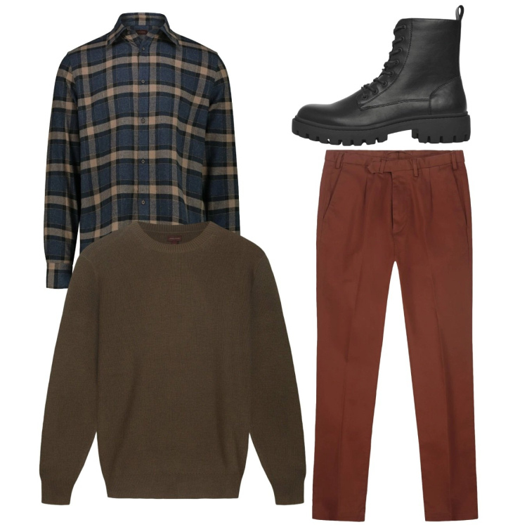 Outfit uomo - Total look. Stile Casual per Tutti i giorni. Abbinamento con anfibi, pantaloni, camicie, maglieria.