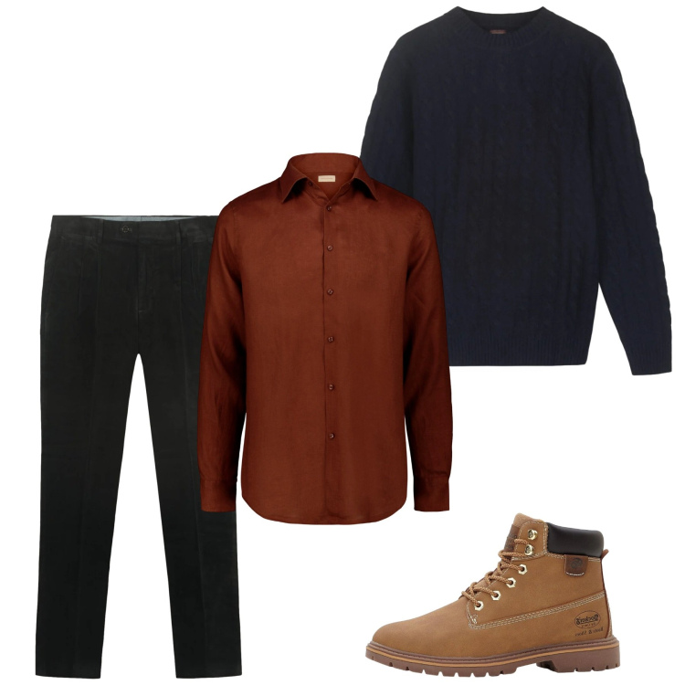 Outfit uomo - Gennaio. Stile Casual per Tutti i giorni. Abbinamento con stivali e stivaletti, camicie, pantaloni, maglieria.