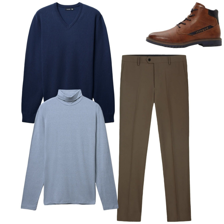 Outfit uomo - Total look. Stile Casual per Tutti i giorni. Abbinamento con anfibi, maglieria, t-shirt, pantaloni.