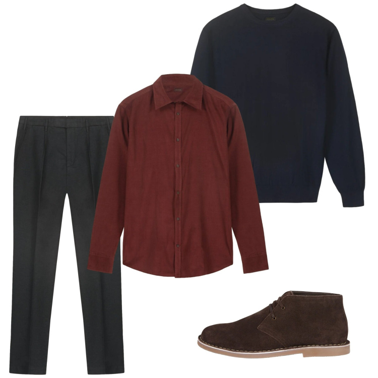 Outfit uomo - Gennaio. Stile Casual per Ufficio. Abbinamento con stivali e stivaletti, pantaloni, camicie, maglieria.