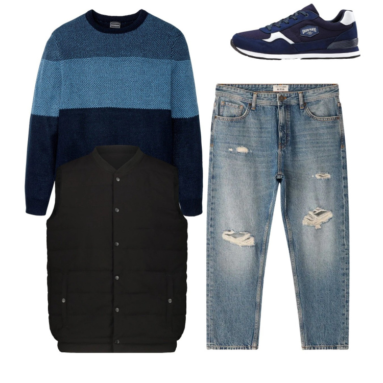 Outfit uomo - Total look. Stile Casual per Tutti i giorni. Abbinamento con sneakers, maglieria, jeans strappati, piumini.