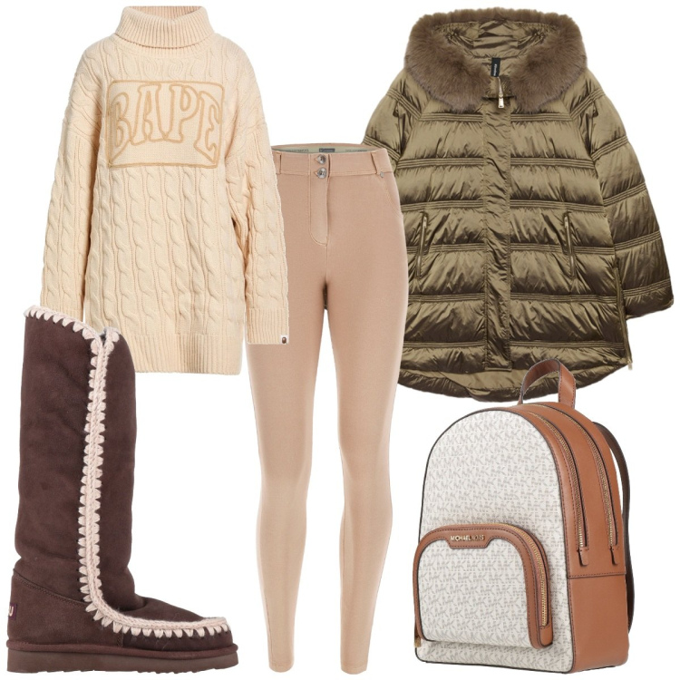 Outfit donna - Qualche giorno in montagna. Stile Trendy per Tutti i giorni. Abbinamento con zaini, maglieria, stivali da neve, pantaloni skinny, piumini.
