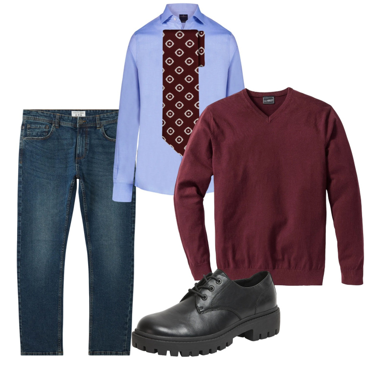 Outfit uomo - Gennaio pull e cravatta. Stile Casual per Ufficio. Abbinamento con maglieria, jeans, scarpe stringate, camicie, cravatte.