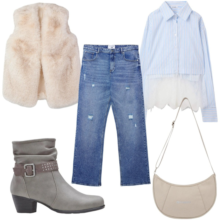 Outfit donna - Confortevole sotto la neve: boho. Stile Boho per Tutti i giorni. Abbinamento con stivaletti, camicie, jeans strappati, piumini, borse a spalla.