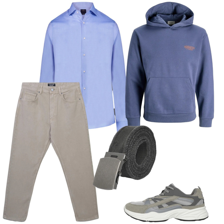Outfit uomo - Sportivo. per Tutti i giorni. Abbinamento con felpe con cappuccio, sneakers, cinture, jeans, camicie.