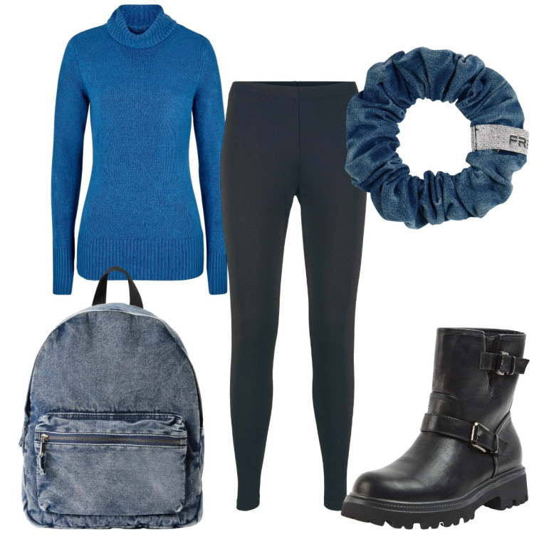 Outfit donna - Confortevole sotto la neve: Anni \'90. Stile Trendy per Tutti i giorni. Abbinamento con leggings, maglieria, zaini, stivaletti, accessori per capelli.