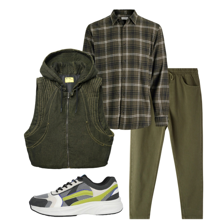 Outfit uomo - Total look #2314849. Stile Trendy per Tutti i giorni. Abbinamento con camicie, pantaloni, sneakers, gilet.