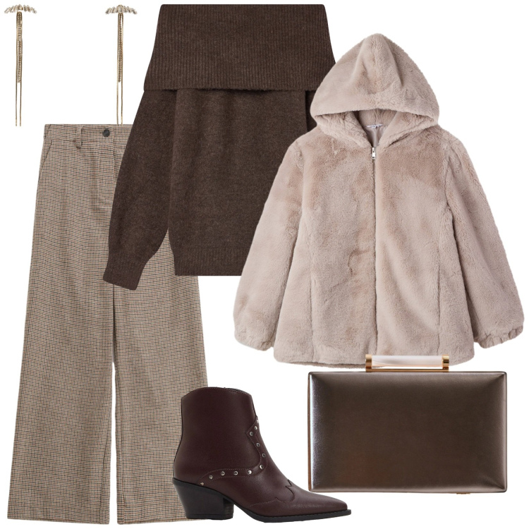 Outfit donna - Oversize. per Ufficio. Abbinamento con stivaletti texani, maglieria, ecopellicce, orecchini, pantaloni a palazzo, clutch.