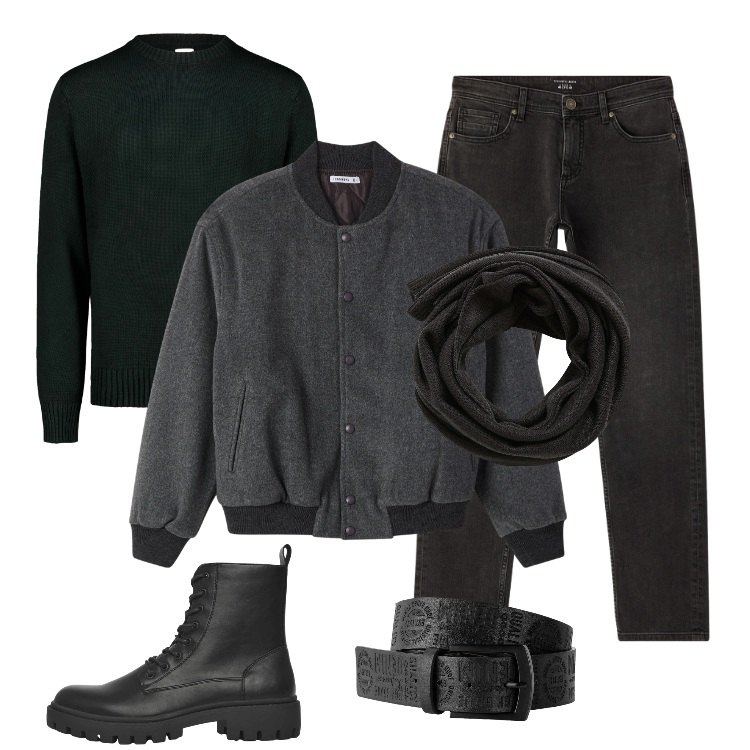 Outfit uomo - Total look #2314855. Stile Biker Rock per Tutti i giorni. Abbinamento con cinture, sciarpe, jeans, anfibi, bomber, maglieria.