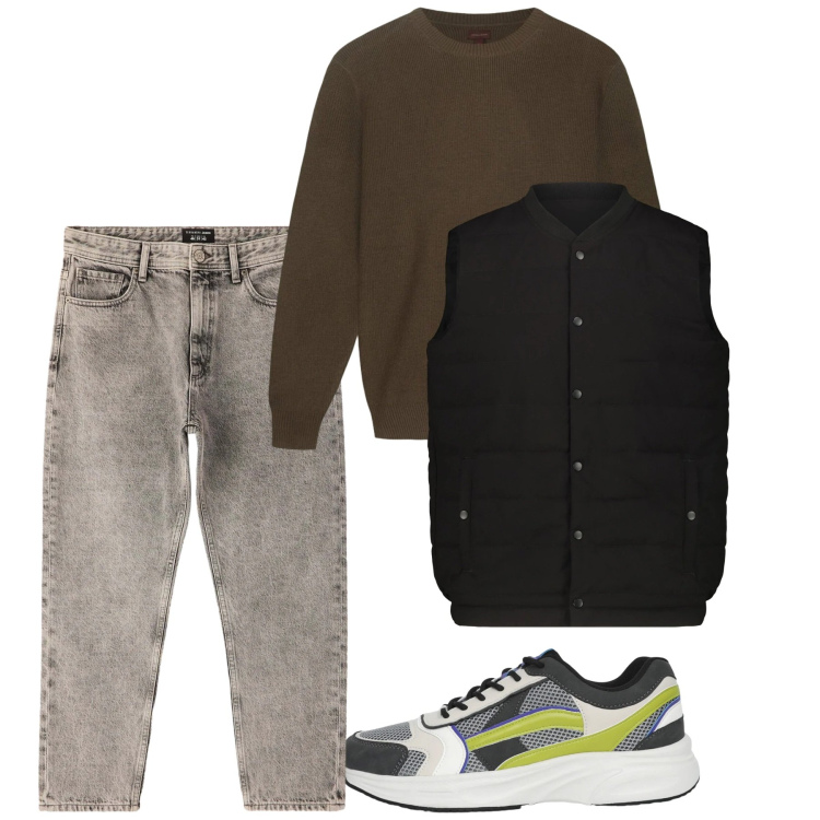 Outfit uomo - Gennaio. Stile Casual per Tutti i giorni. Abbinamento con jeans dritti, sneakers, piumini, maglieria.