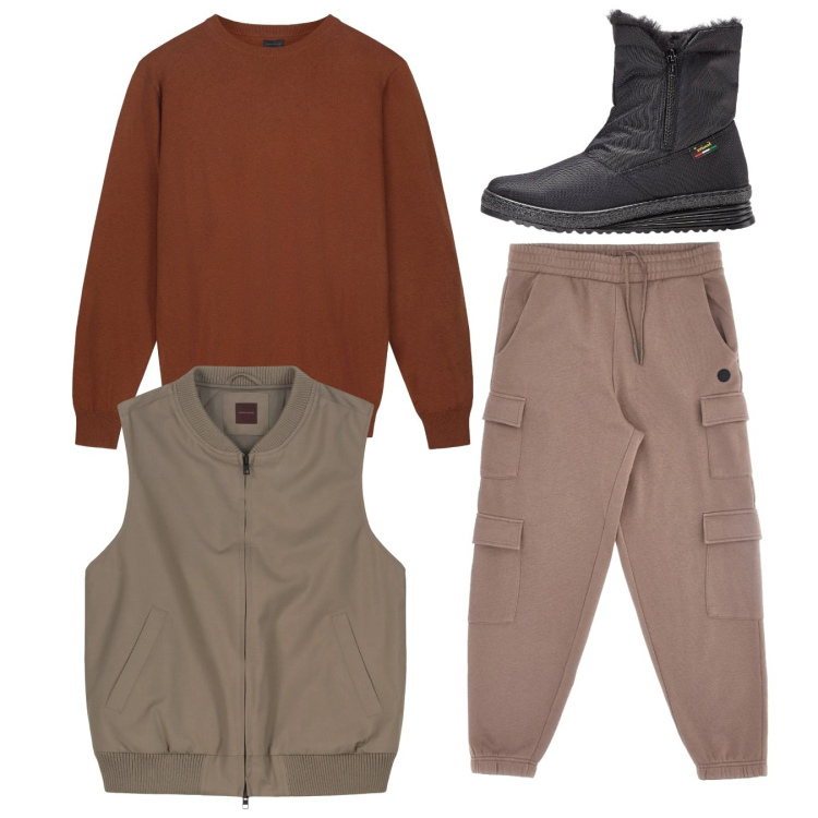 Outfit uomo - Total look. Stile Casual per Tutti i giorni. Abbinamento con stivali e stivaletti, maglieria, piumini, pantaloni cargo.