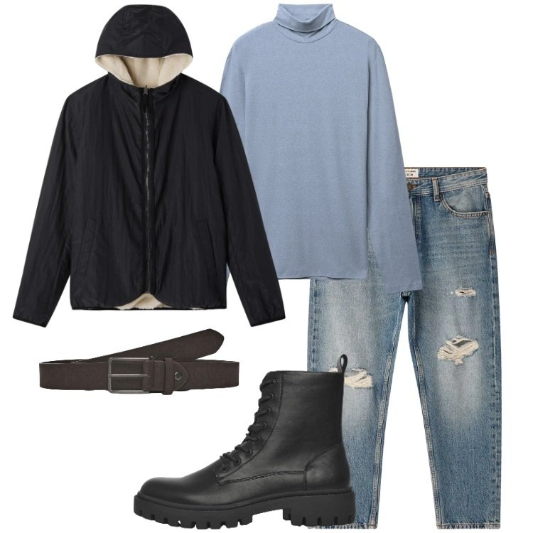 Outfit uomo - Prezzi piccoli. Stile Casual per Tutti i giorni. Abbinamento con anfibi, cinture, jeans strappati, t-shirt, giacche.