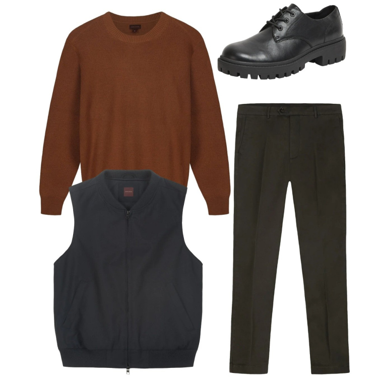 Outfit uomo - Total look. Stile Casual per Tutti i giorni. Abbinamento con scarpe stringate, pantaloni chino, piumini, maglieria.