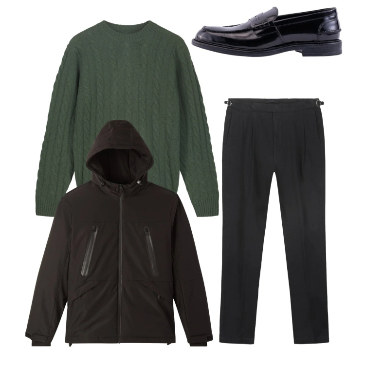 Outfit uomo - Total look. Stile Casual per Tutti i giorni. Abbinamento con giacche, scarpe stringate, maglieria, pantaloni.