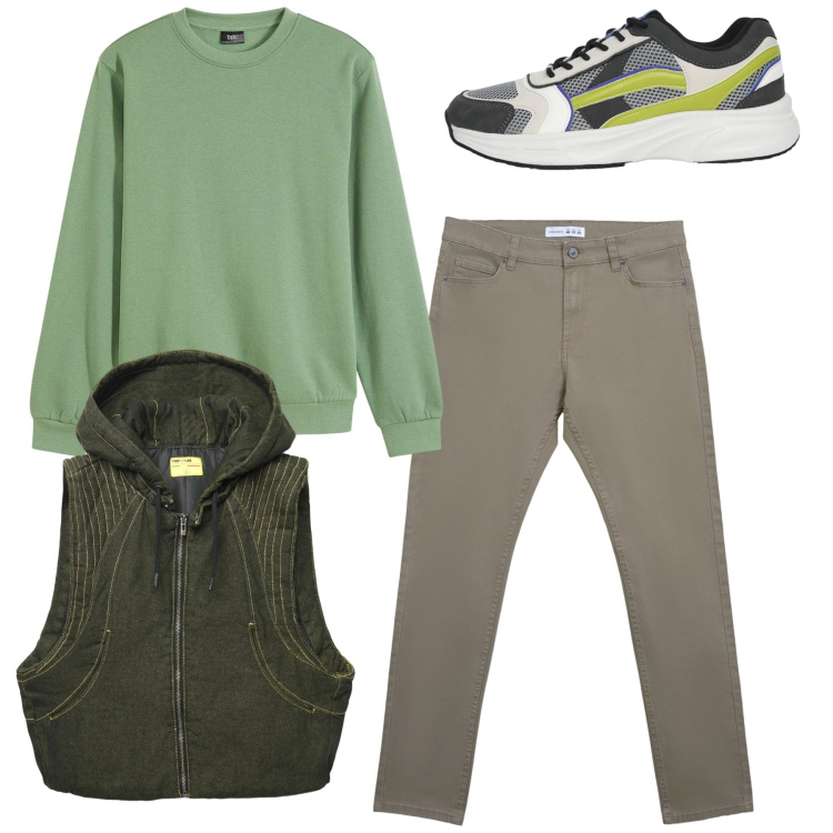 Outfit uomo - Total look. Stile Casual per Tutti i giorni. Abbinamento con felpe, pantaloni skinny, sneakers, gilet.