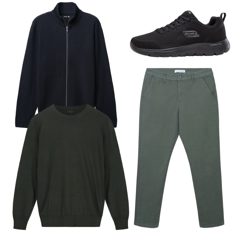 Outfit uomo - Total look. Stile Casual per Tutti i giorni. Abbinamento con sneakers, pantaloni chino, cardigans, maglieria.
