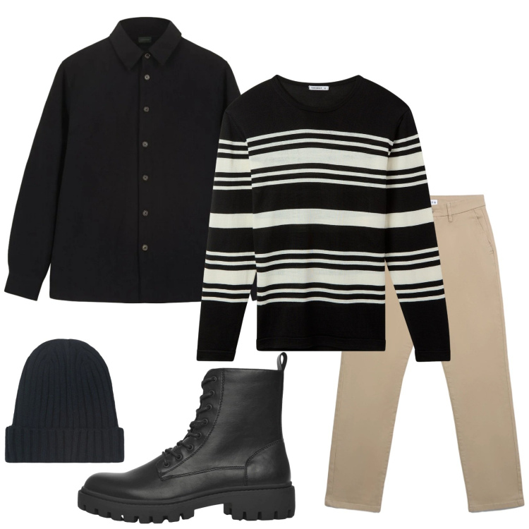 Outfit uomo - Total look #2314871. Stile Trendy per Tutti i giorni. Abbinamento con maglieria, anfibi, pantaloni chino, cappotti, berretti.