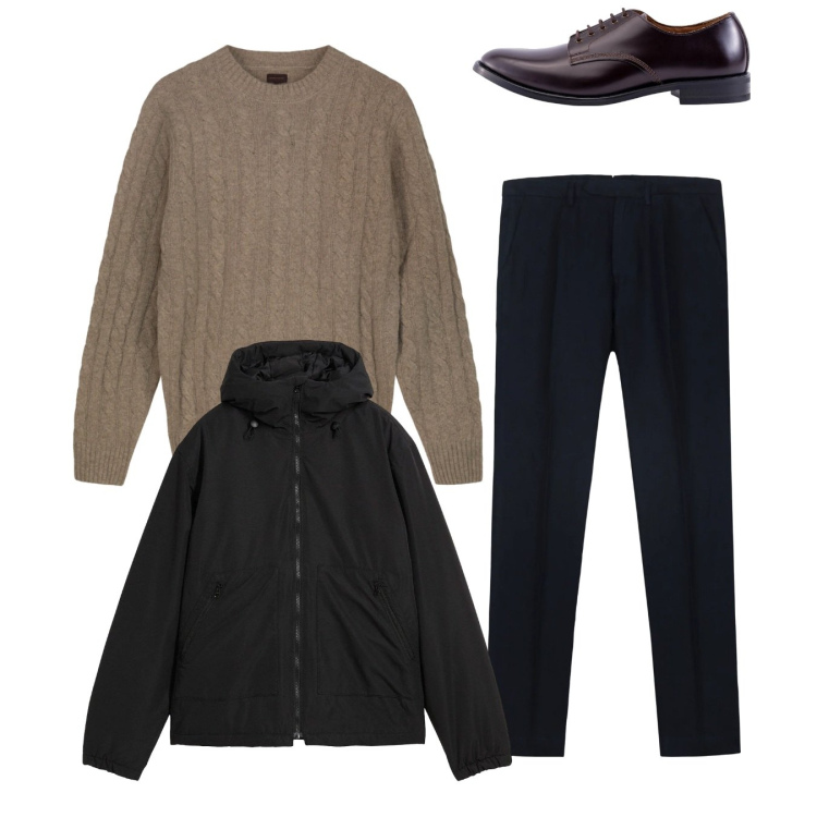 Outfit uomo - Total look. Stile Casual per Tutti i giorni. Abbinamento con giacche, scarpe stringate, pantaloni, maglieria.