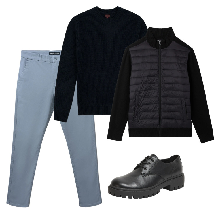 Outfit uomo - Gennaio. Stile Casual per Tutti i giorni. Abbinamento con pantaloni chino, scarpe stringate, piumini, maglieria.