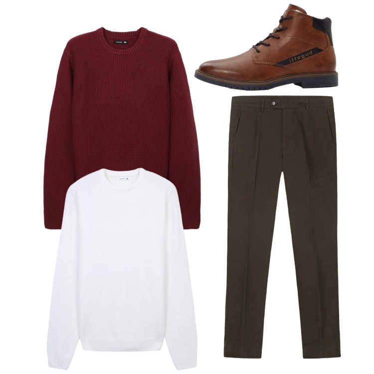 Outfit uomo - Total look. Stile Casual per Tutti i giorni. Abbinamento con anfibi, maglieria, maglieria, pantaloni chino.