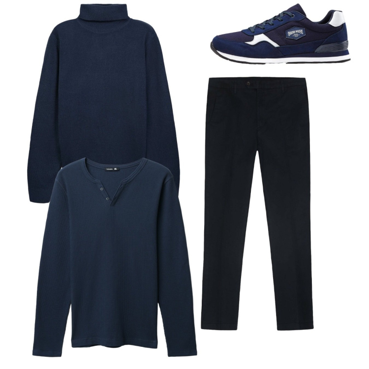Outfit uomo - Total look. Stile Casual per Tutti i giorni. Abbinamento con sneakers, t-shirt, maglieria, pantaloni.
