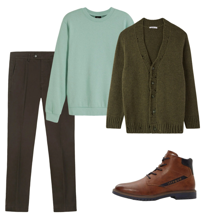Outfit uomo - Gennaio green. Stile Casual per Tutti i giorni. Abbinamento con felpe, anfibi, cardigans, pantaloni chino.
