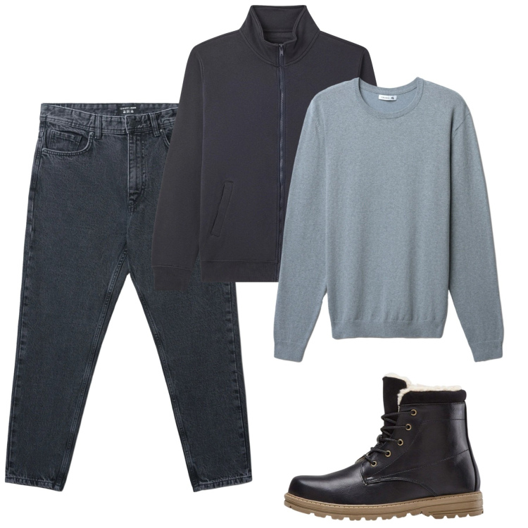 Outfit uomo - Gennaio. Stile Casual per Tutti i giorni. Abbinamento con stivali e stivaletti, jeans strappati, giacche, maglieria.