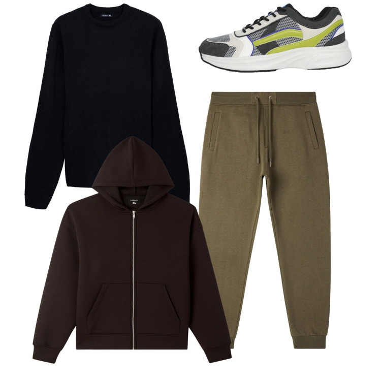 Outfit uomo - Total look. Stile Urban per Tutti i giorni. Abbinamento con pantaloni, felpe con cappuccio, maglieria, sneakers.