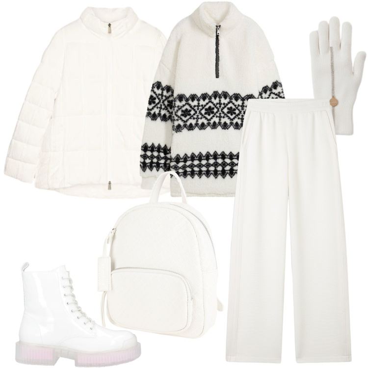 Outfit donna - Confortevole sotto la neve - Curvy. Stile Sporty chic per Tutti i giorni. Abbinamento con maglieria, stivaletti, zaini, pantaloni, guanti, piumini.