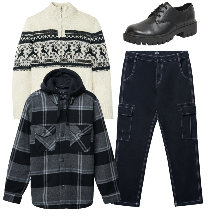 Outfit uomo - Total look. Stile Casual per Tutti i giorni. Abbinamento con maglieria, scarpe stringate, pantaloni cargo, giacche.