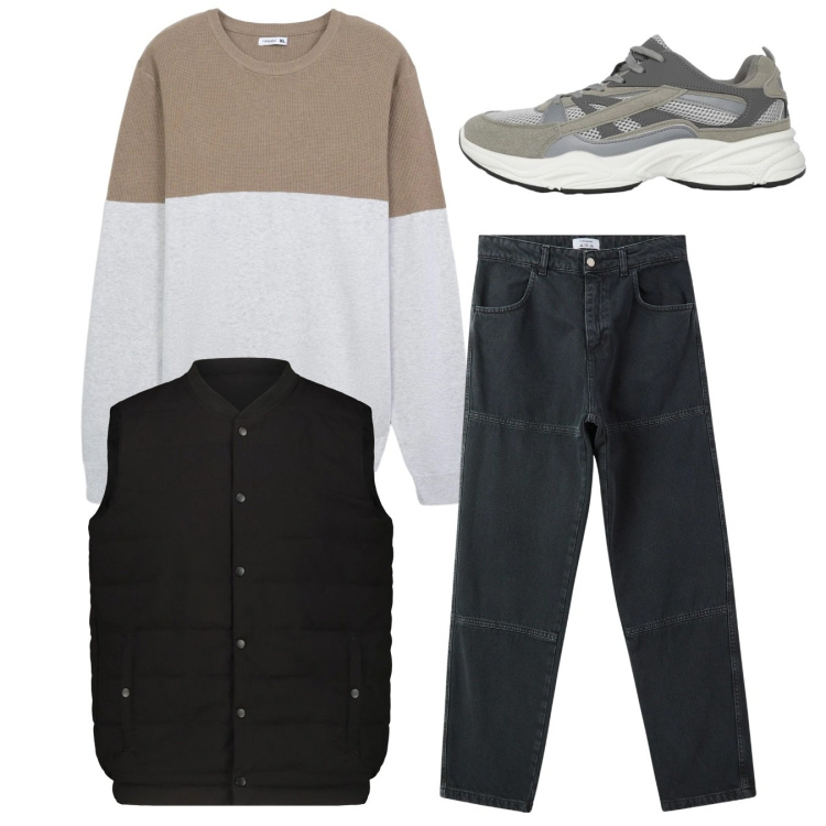 Outfit uomo - Total look. Stile Casual per Tutti i giorni. Abbinamento con pantaloni, sneakers, maglieria, piumini.