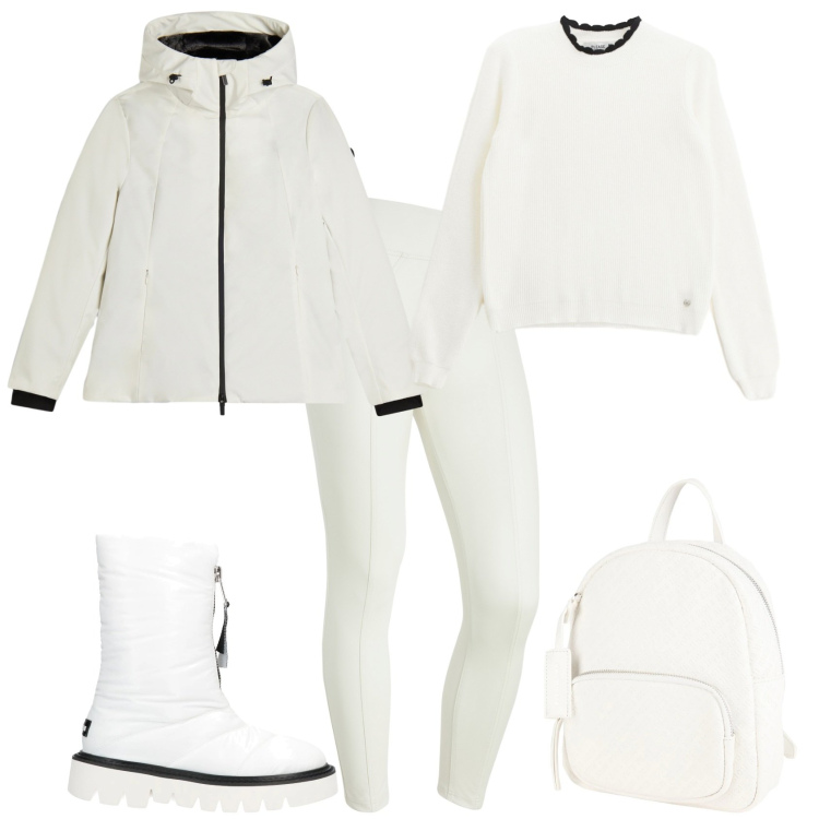 Outfit donna - Week end in montagna. Stile Sporty chic per Tutti i giorni. Abbinamento con stivaletti, zaini, pullovers, bomber, pantaloni skinny.