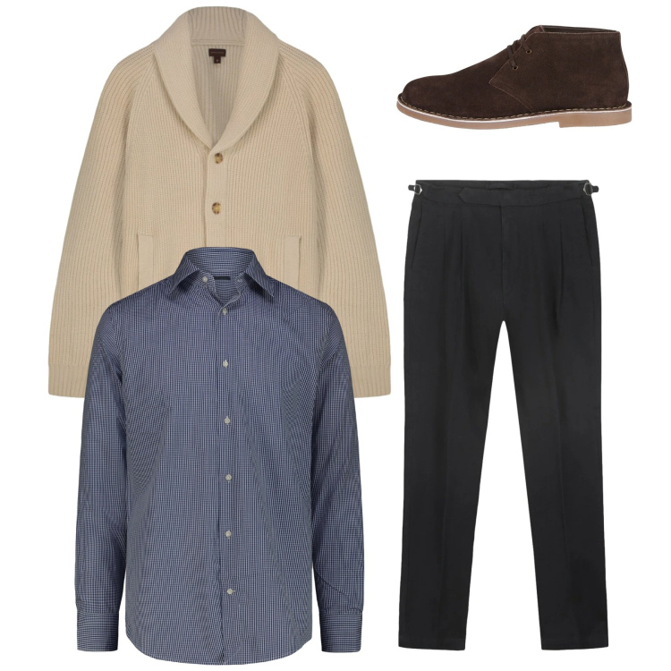 Outfit uomo - Total look. Stile Casual per Tutti i giorni. Abbinamento con stivali e stivaletti, camicie, pantaloni, cardigans.