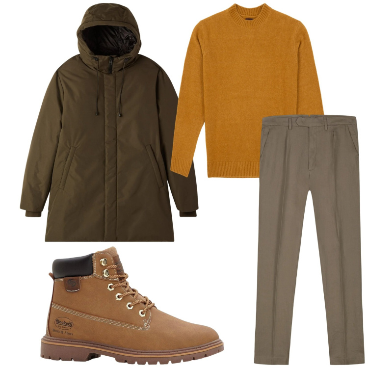 Outfit uomo - Total look #2314907. Stile Trendy per Tutti i giorni. Abbinamento con stivali e stivaletti, parka, pantaloni, maglieria.